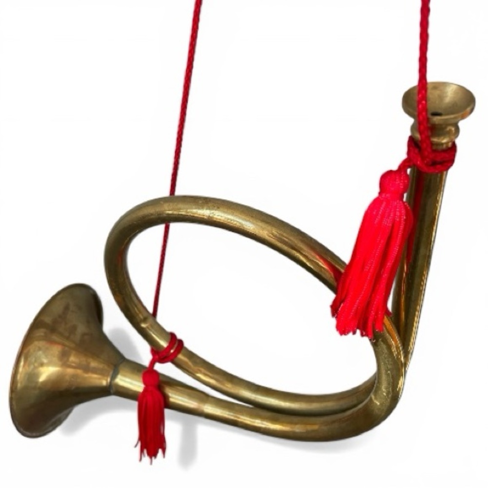 Solid brass hunting horn with red cord, could be polished up, 12 inches long